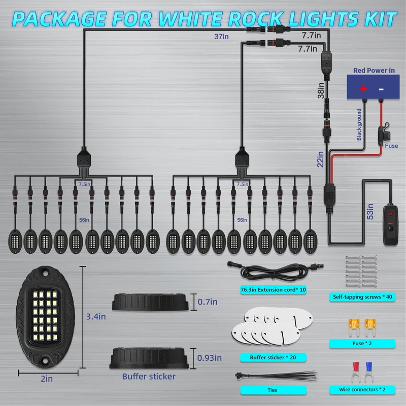 20Pods Metal Pure White LED Rock Lights Kit with Switch