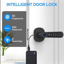 Smart Fingerprint Door Handle, Keyless Entry Biometric Lock with Passcode & Mechanical Key, Easy Install Interior Door Lock for Home/Bedroom/Office, Black