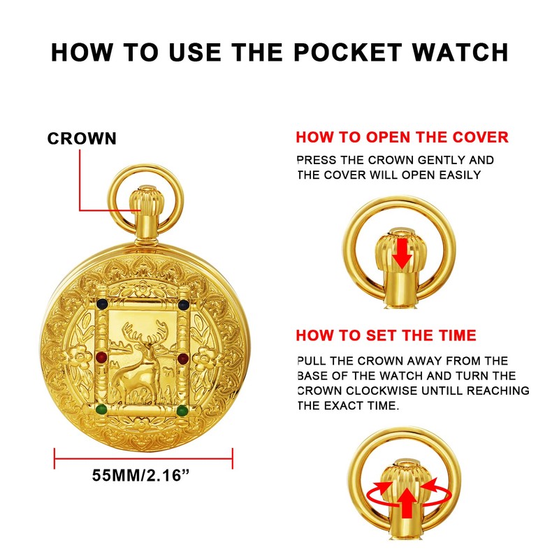Tiong Gold Double Deer Design Mechanical Pocket Watch for Men,