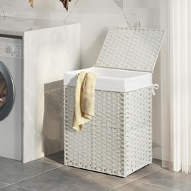 Greenstell Laundry Hamper with Lid, 90L Clothes Hamper with 2 Removable Liner Bags & 2 Mesh Laundry Bags, Handwoven Synthetic Rattan Laundry Basket for Clothes, Toys in Bathroom, Bedroom White