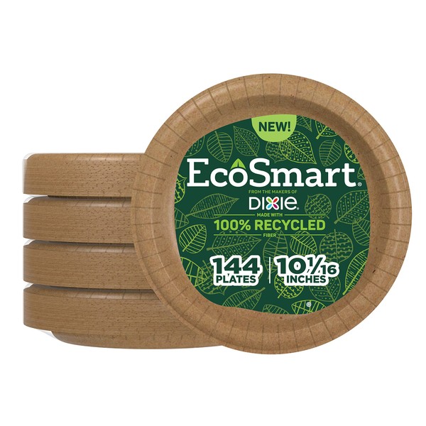 Dixie EcoSmart® 100% Recycled Fiber Paper Plates, 10” Dinner Size Disposable Plate, 144 Eco-Friendly Plates (4 Packs of 36 Plates Each)