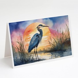 Caroline's Treasures Blue Heron Setting Sun Greeting Cards Pack of 8 Blank Cards with Envelopes Whimsical A7 Size 5x7 Blank Note Cards
