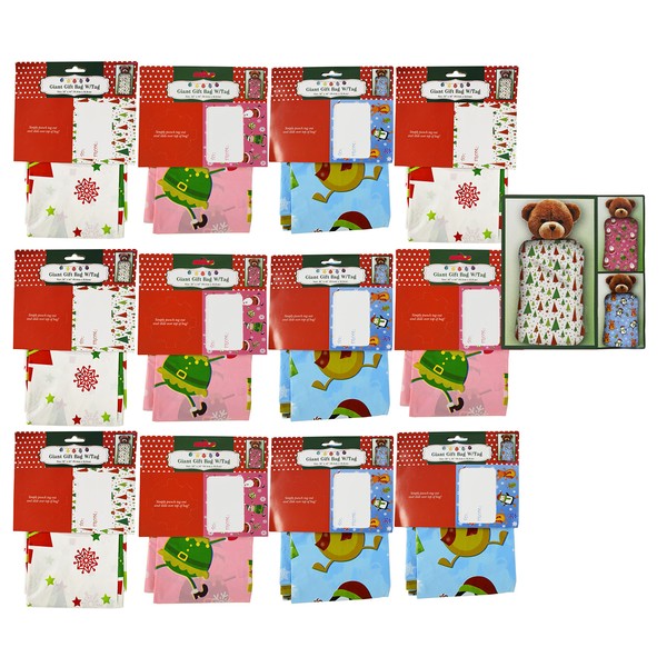 Set of 12 - 36" x 44" Giant Gift Bags With Tag - 3 Christmas Themes and Colors Including Pink, Blue, and White!