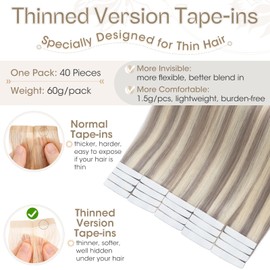 Elailite 40 Pcs Tape in Extensions Human Hair Thin Type 1.5g/pcs - Seamless Skin Weft Hair Extensions 100% Real Natural Remy Hair (#18Y/613 Ash Blonde Mix Bleach Blonde, 18 inch)