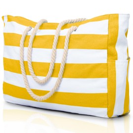oscaurt Beach Bag Striped Tote Bag Swimming Bag Waterproof Beach Bag Large with Zip Shopper Bag Women's Beach Bag XXL Family Shopping Bag Shoulder Bag Plain Bag Travel Bag, Bright Yellow