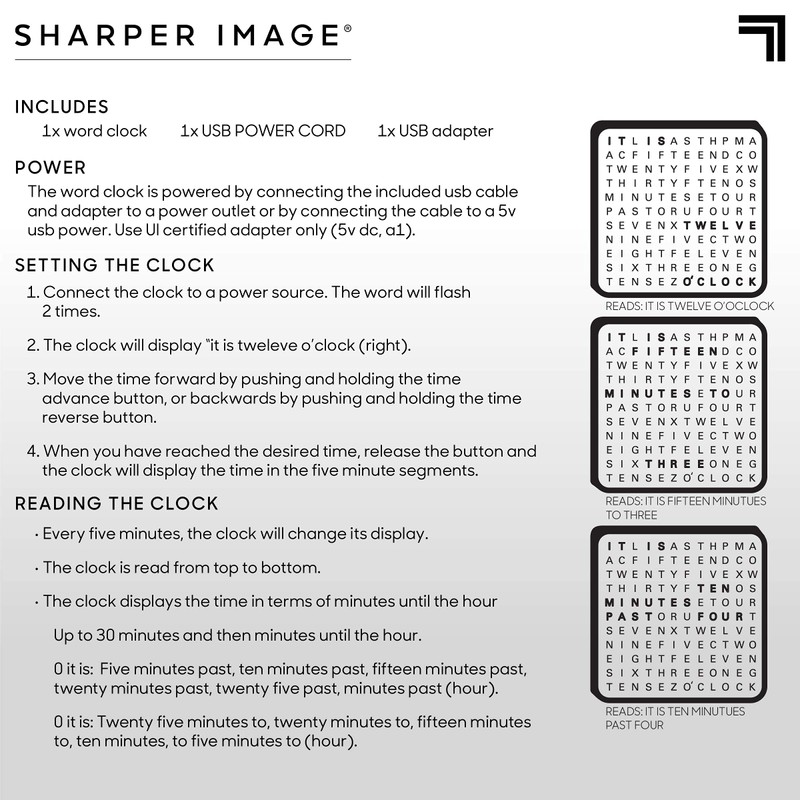 Sharper Image LED Word Digital Clock, 7.75", Black Finish, Light-Up