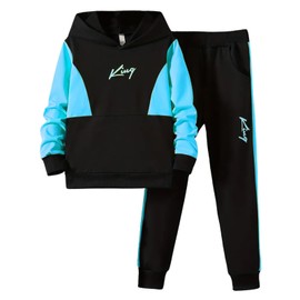 OXUBOAO Boys Casual Tracksuit Outfit Kids Color Blocking Hooded Sweatshirt + Sweatpants Set Long Sleeve Pullover (Blue, 7-8T)