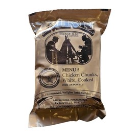 Genuine USGI Individual MRE [Meal, Ready to Eat] Inspection Date 01/2024 or Newer - You Choose Menu - Complete Ration with Entree, Snacks, Dessert, Drink Mix, Utensils, Condiments and FRH. (#5 Chicken Chunks)