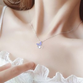 Zeshimb Boho Purple Crystal Butterfly Choker Necklace Simple Butterfly Insect Pendant Necklace Dainty Birthstone Butterfly Chain Necklace Jewelry for Women