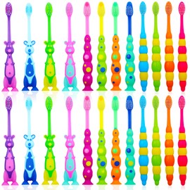 Lauwell Toddler Toothbrush Kids Manual Toothbrush Individually Wrapped Toothbrushes with Covers Suction Cup Toothbrush Lovely Soft Bristle Animal Toothbrush for Kids Sensitive Teeth (24 Pieces)
