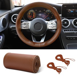 HEVLE Leather Steering Wheel Cover Lace Up, Stitch On Wrap, Breathable Anti-Slip Car Steering Wheel Protector Universal Fit Max 15 Inch Car Wheels, DIY Sewing with Needle Thread (Brown, Glossy)