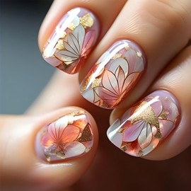 LBPEPAMZ Ginkgo Press on Nails Short Square Fake Nails with Gold Foil Flowers Designs Thanksgiving Autumn Full Cover False Nails Fall Glossy Glitter Acrylic Nails Glue on Nails for Women Girls 24Pcs