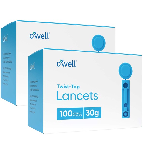 O'WELL Twist Top Lancets, 30 Gauge | for Blood Glucose & Keto Testing | 2 Boxes of 100 Sterile Lancets