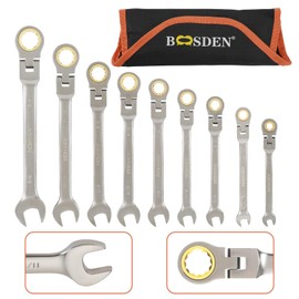 BOOSDEN 9-Piece Ratcheting Wrench Set, Flex-Head Ratchet Combination Wrench Sets with Roll-up Pouch, SAE 1/4-3/4" for Household, Garage, Auto Repairs