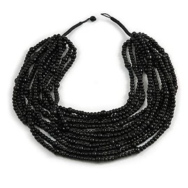 Avalaya Statement Multistrand Layered Bib Style Wood Bead Necklace In Black - 50cm Shortest/ 70cm Longest Strand
