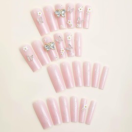 Long Press on Nails Coffin Fake Nails Pink Acrylic Nails with Flower Rhinestones And Silver Butterfly Designs False Nails Full Cover Stick on Nails Glitter Artificial Nails Manicure for Women 24Pcs