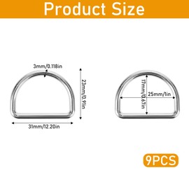 Aiyorse 9 Pack 1 Inch D Ring, 3mm Thickness Stainless Steel Heavy Duty D Ring for Bag Metal Solid D Rings for Dog Collars, Backpacks, Webbing Straps Belts Bags Dog Leash Hand DIY Accessories(Sliver)