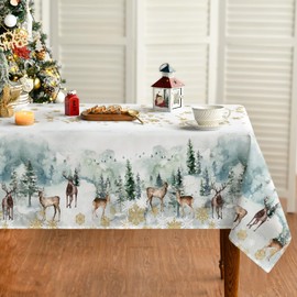 Artoid Mode Gold Snowflakes Trees Deer Christmas Table Cloth, Rectangular 140x200 cm Xmas Table Cover Protector For Party Home Table Decorations
