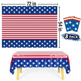Esjay 4th of July Decorations, 3 Pack Fourth of July Tablecloth American Flag Plastic Table Cloth, Patriotic Party Supplies Red White Blue, Decorations for Memorial Day Veterans Outdoor Home(54"x72")