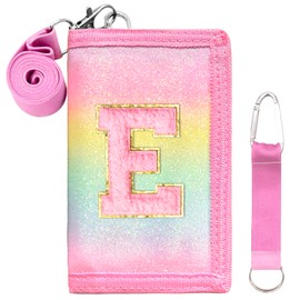 SiorVeol Kids Wallet Girls Trifold Initial Glitter Wallets with Zipper and Card Slots Including Neck Lanyard and Hanging Strap, Rainbow, E