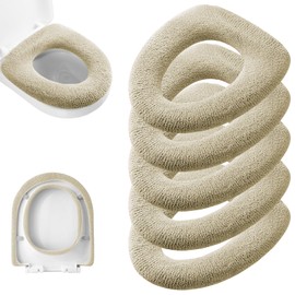 Legigo 5 Pack Thicker Bathroom Toilet Seat Cover Pads- Soft Warmer Toilet Seat Cushion Cover Stretchable Washable Fiber Cloth, Easy Installation Comfortable Toilet Lid Seat Cover(Knit Elongated Beige)