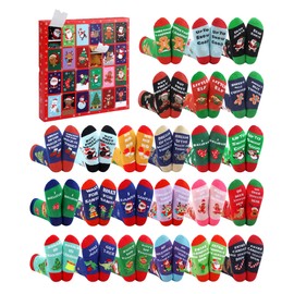 Mumucove 24 Pairs Kid Christmas Socks Gift Box Colorful Cute Creative Santa Elk Snowman Pattern Socks for Boys and Girls, 6-10 Years