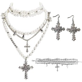 Layered Pearl Necklace,Gothic Pearl Cross Necklace and Earrings,Gothic Cross Layered Pearl Bracelet for Women,Chunky Statement Stacked Necklace,Y2K Layered Cross Pearl Stacked Choker Necklace for Wome