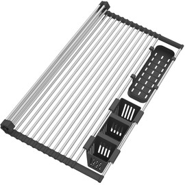 Extra Large Black Expandable Roll Up Dish Drying Rack Up to 22.8''with 2 Storage Baskets,Over The Sink Kitchen Rolling up Dish Drainer Dish Drying Rack in Sink, Foldable,Rollable,for Kitchen Dishes
