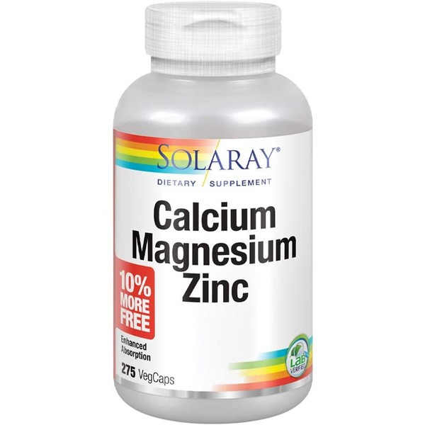 Solaray Calcium, Magnesium, Zinc | High Absorption with Glutamic Acid | Healthy Bones, Teeth, Nerve, Muscle, Heart & Immune Function Support (275 CT)