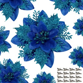 15 PCS Poinsettia Flower Artificial Poinsettia with Clips Christmas Decor Glitter Poinsettia Christmas Ornaments Christmas Tree Flower Decorations with Stems DIY Xmas Wreath Holiday Home Party Decor