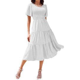 SLOWTOWN Women's V Neck Tiered Midi Dress Flutter Short Sleeve Smocked Dress (White, Small)