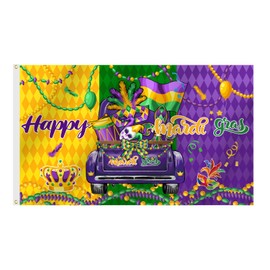 SENSEVEN Truck Mardi Gras Flags for Outside 3x5 Ft, Rustic Car Carnival Yard Flag, Fleur de Lis Mask Bead New Orleans Holiday Flag, Spring Outdoor Banner for Porch Decor, Mardi Gras Party Supplies