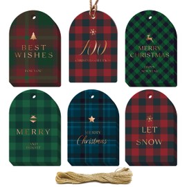100 PCS Christmas Gift Tags, 5 Gold Foil Design Gift Wrap Tags with 33 Feet Rope, Xmas Holiday Name Tag Labels for DIY Arts Crafts Packaging, Winter Party Decoration, Xmas Presents