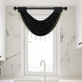 ELKCA Black Velvet Waterfall Swag Valances for Living Room Valance Curtains for Kitchen,Pack of 1(Black, 30" W x 22" L)