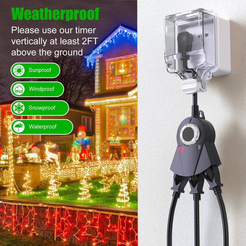 Outdoor Light Timer Waterproof, 24 Hours Plug in Timer with