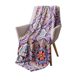 Boho Velvet Fleece Throw Blanket: Soft Plush Bright Decorative Paisley Patterned Accent for Couch or Bed, Colored: Teal Hot Pink Purple Yellow Black