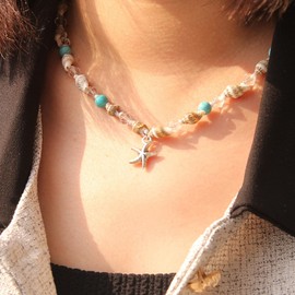 Roe Dolph Seashell Necklace for Women Starfish Sea Shell Charm Necklace Puka Shell Surfer Necklace Beach Vacation Essentials Summer Outfits for Women 2025