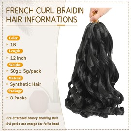 Black French Curl Braiding Hair 12 Inch 8 Packs