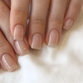 KQueenest Natural Sheer Nude Press on Nails Short Square, Glossy Pure Real Glue on Nails Short, Small Fake Nails Press on, Elegant Stick on Nails for Women Finger Daily wear in 24 Pcs