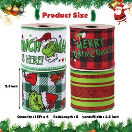 Christmas Ribbon Wired, 4 Roll Christmas Ribbon for Wreaths Bows DIY, Christmas Green Glitter Stripe Plaid Ribbon with Wire for Wreaths Bows Christmas Decor DIY Crafts (4pcs)