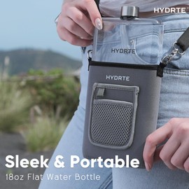 Hydrte Travel Mini Water Bottle with Strap & Sleeve – 18 oz BPA-Free Slim Flat Reusable Water Bottle, Leak Proof (Slate Grey)