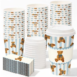 50 Sets Bear Coffee Cups with Lids Sleeves 16 Oz Paper Cup Blue Stripe Bear Disposable To Go Coffee Cup for Birthday Baby Shower Party
