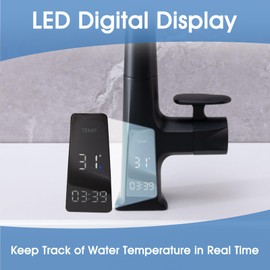 Black Waterfall Kitchen Sink Faucet with LED Temperature and Usage Time Display, Single Hole Kitchen Rain Faucet with Pull Down Sprayer, 3 Modes(Waterfall, Stream, Sweep) 360° Swivel -Matte Black