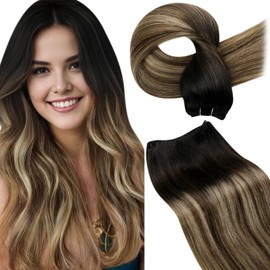 LaaVoo Weft Hair Extensions Real Human Hair 24 Inch 100g Natural Black to Dark Brown and Caramel Blonde Balayage Sew in Straight Remy Invisible Double Weft Weave Extensions #1b/4/27