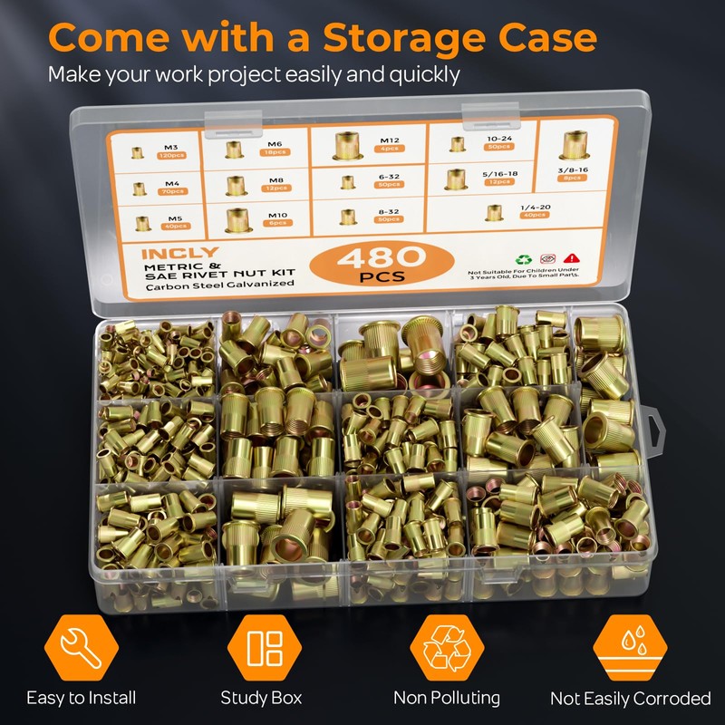 INCLY 480PCS SAE & Metric Rivet Nuts Assortment Kit, Rivet