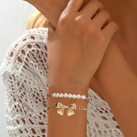 Pearl Bow Bracelet for Women Gold Stack Faux Pearl Beaded Bracelet Adjustable Chunky Bow Knot Link Bracelet Small Ball Charm Bracelet Statement Trendy Jewelry (Gold)
