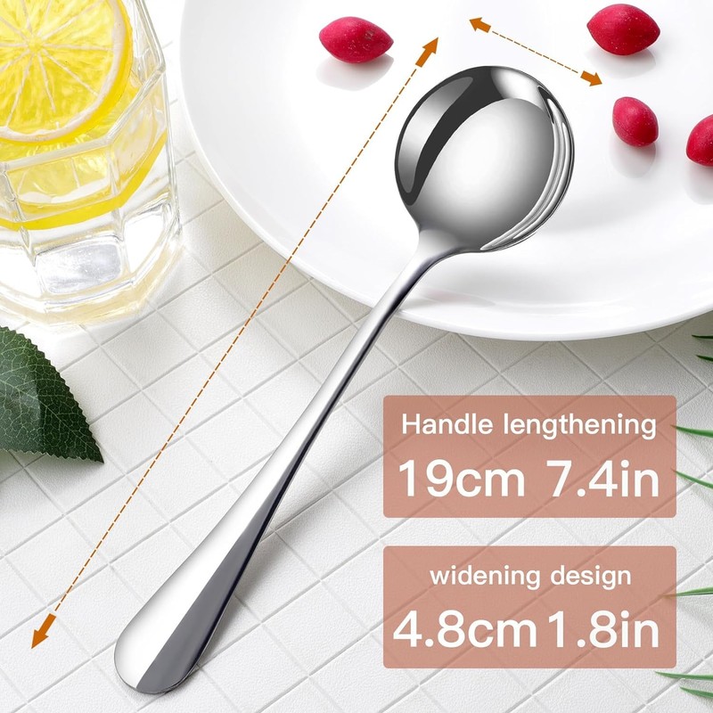 VEHGAL Stainless Steel Soup Spoons, 19cm Long Round Head Steel