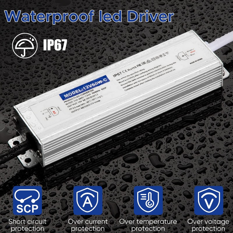 Karyoosi LED Driver 60 Watts Waterproof IP67, 12V DC Power