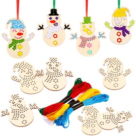 Blulu Pack of 10 Christmas Wooden Cross Stitch Craft Set, Craft Decoration, Cross Stitch for Beginners, Sewing and Cross Stitch Set for Christmas Tree for Children and Adults (Snowman Style)