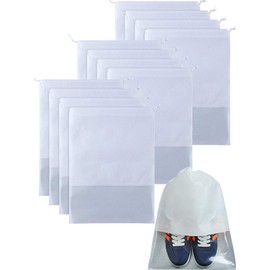 12PCS Portable Travel Shoe Bags with Transparent Windows Waterproof Non-Woven Storage Bags with Drawstring for Men and Women Large Shoes Pouch Packing Organizers Bags (White, 32 * 44CM)